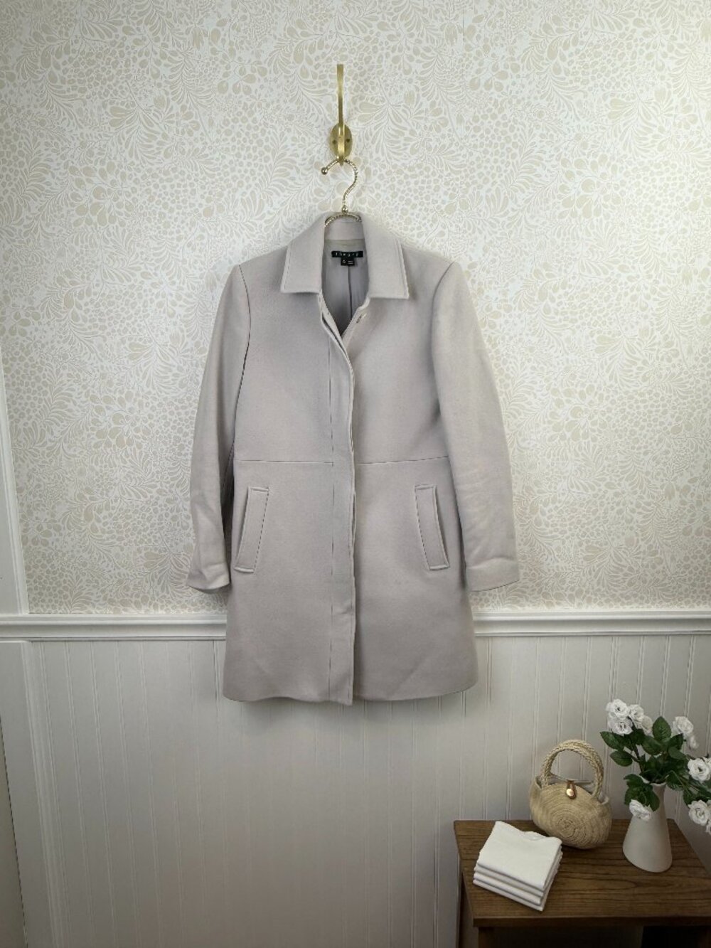 Theory Women's Minimalist Gray Button Front Wool Blend Coat  – Size - Small